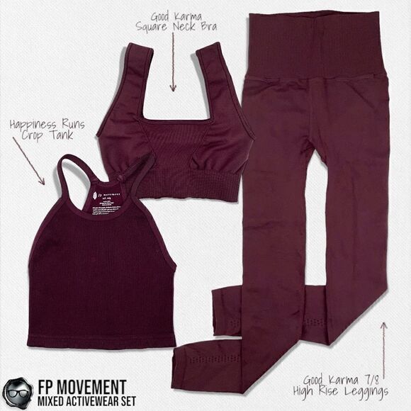 FP MOVEMENT SET: GOOD KARMA SQUARE NECK BRA + LEGGINGS + HR CROP IN MAPLE NECTAR - Picture 1 of 16